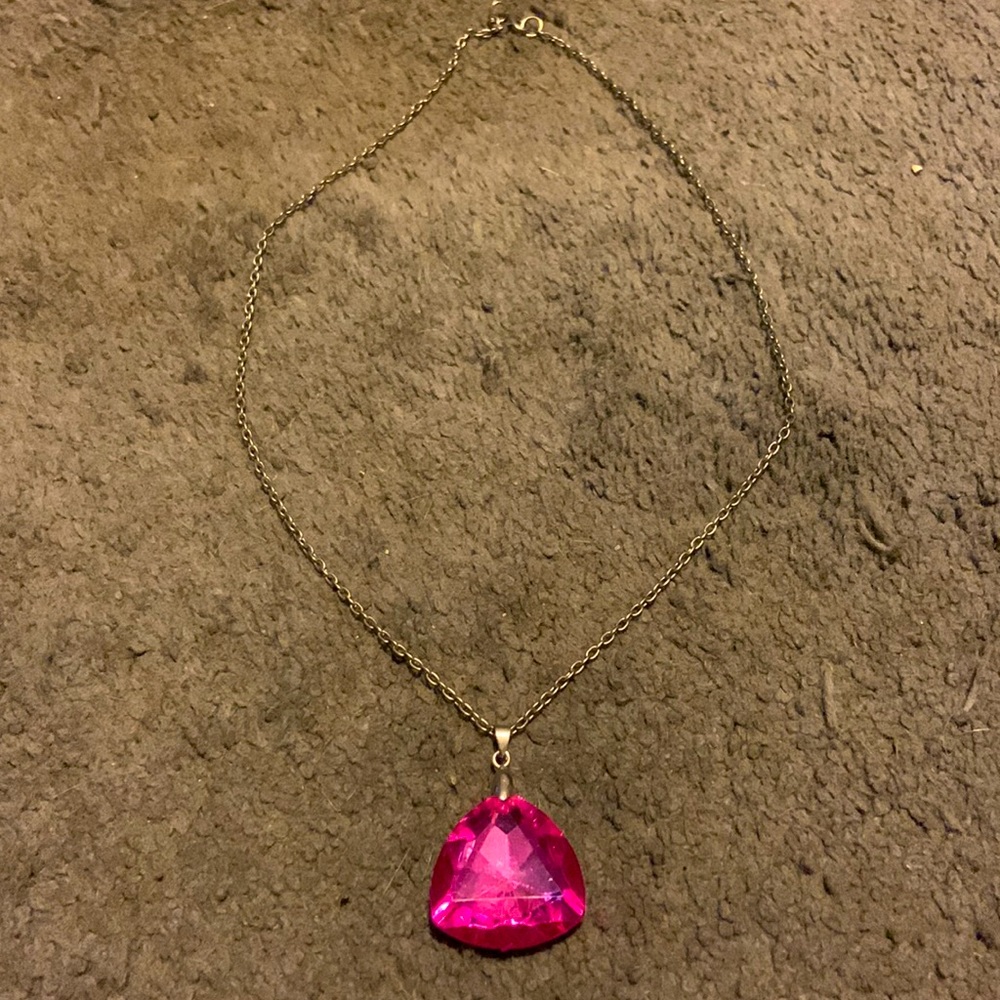 Triangular Pink Gem Pendant Long Necklace